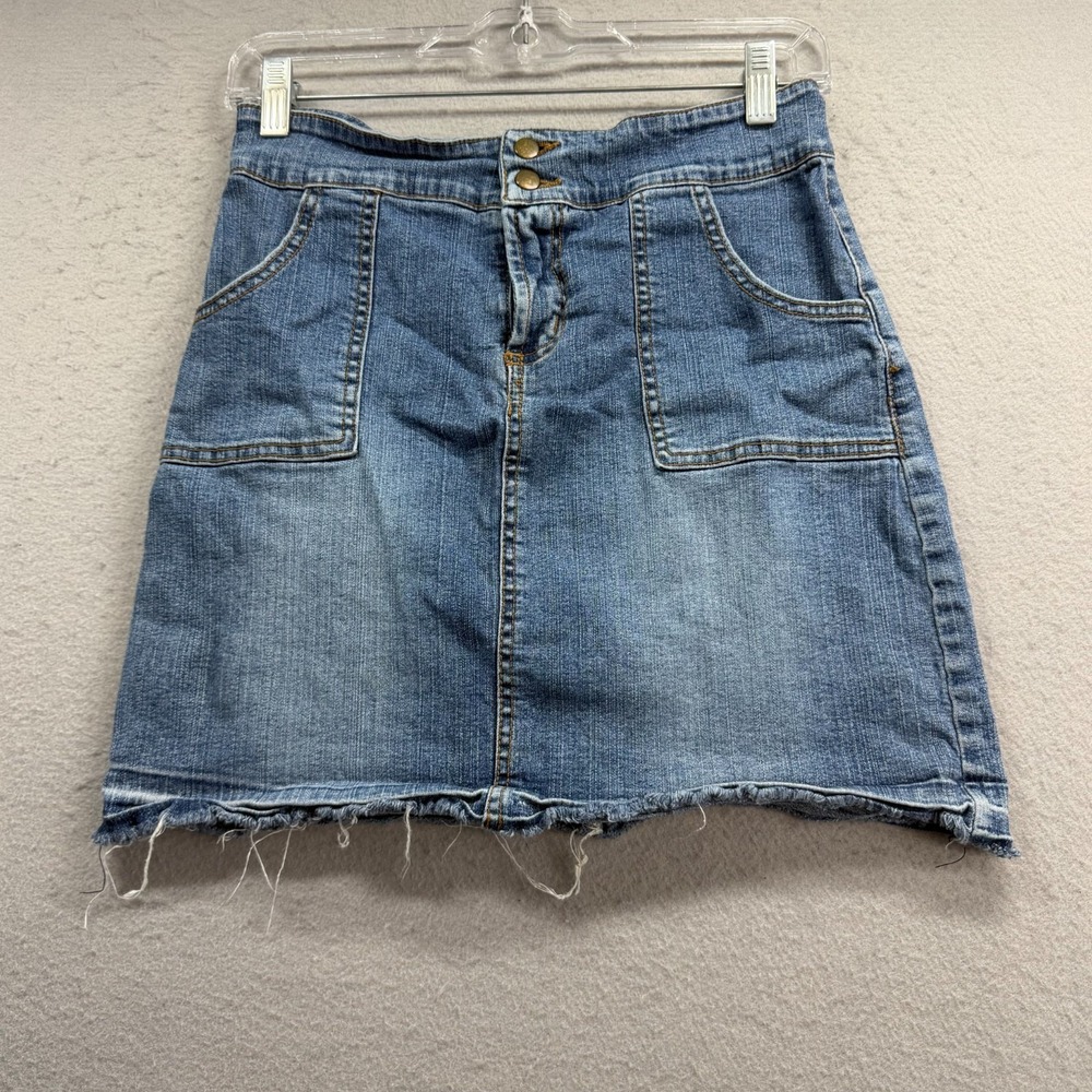 Seven7 Denim Mini Skirt Vintage Women Size 4 Blue Utility Raw Hem Made‎ in USA